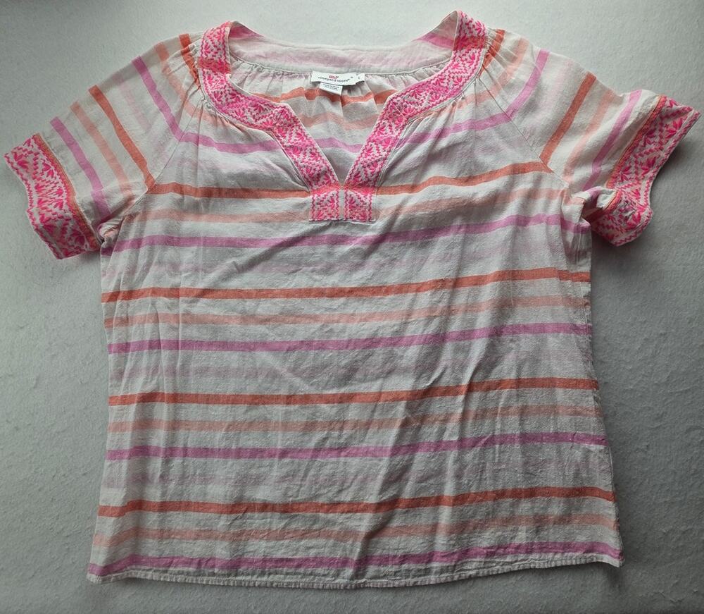 Vineyard Vines Linen Cotton Striped V Neck Blouse Size Large